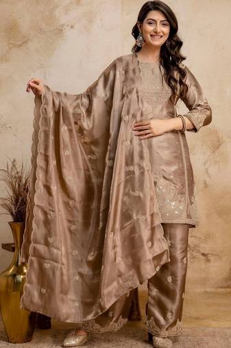 women embroidered regular kurta with palazzos & with dupatta