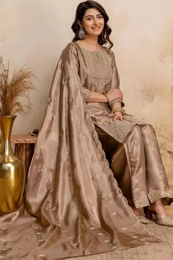 women embroidered regular kurta with palazzos & with dupatta