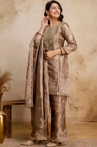 women embroidered regular kurta with palazzos & with dupatta