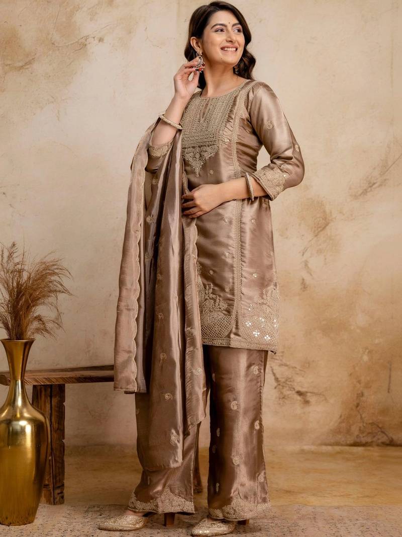 women embroidered regular kurta with palazzos & with dupatta