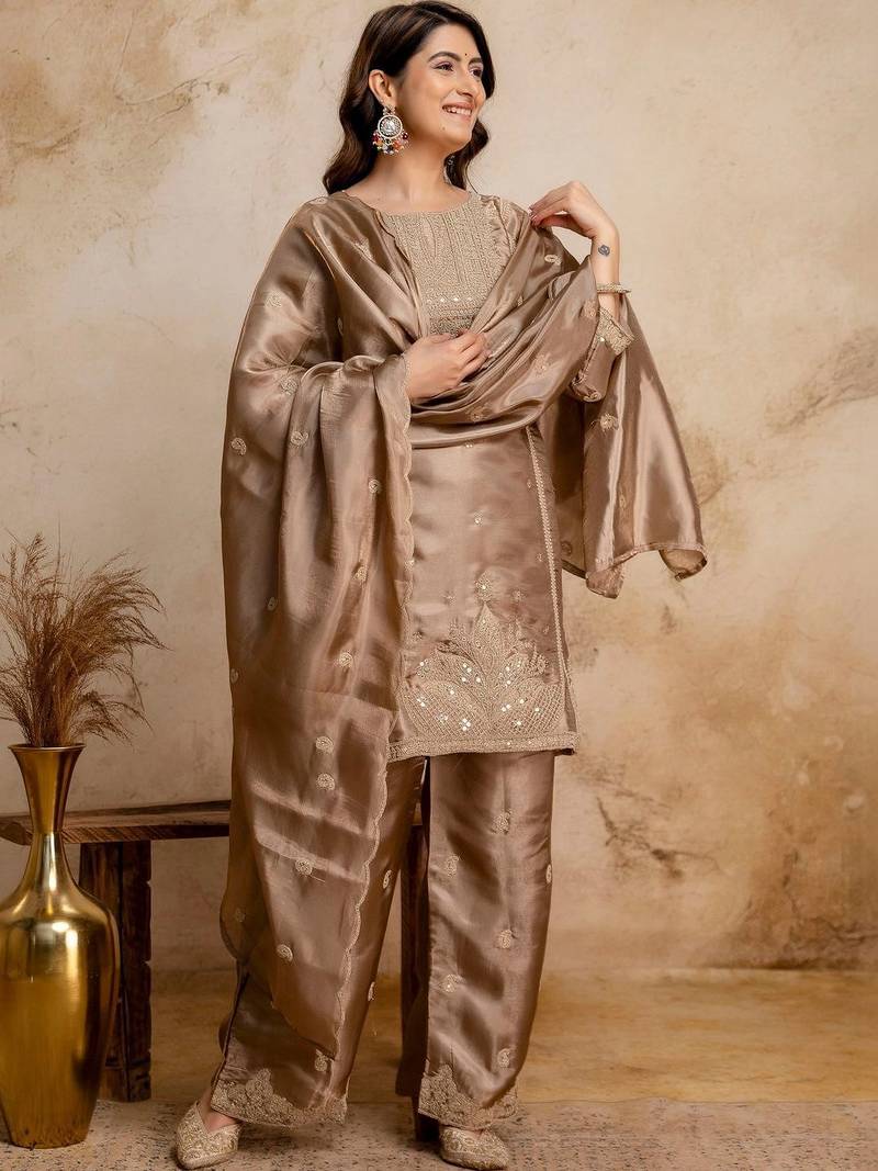 women embroidered regular kurta with palazzos & with dupatta
