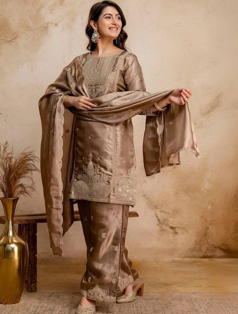women embroidered regular kurta with palazzos & with dupatta