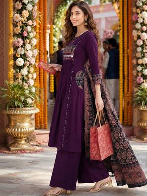 women ethnic motifs embroidered empire mirror work  cotton kurta with palazzos & with 2