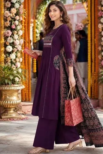 women ethnic motifs embroidered empire mirror work  cotton kurta with palazzos & with