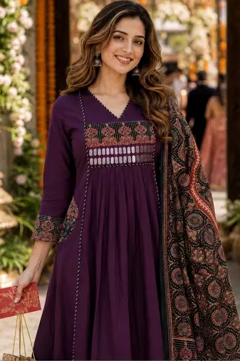 women ethnic motifs embroidered empire mirror work  cotton kurta with palazzos & with
