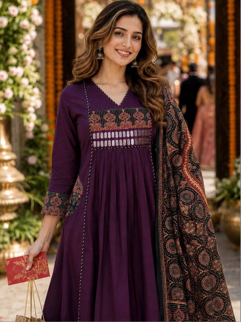 women ethnic motifs embroidered empire mirror work  cotton kurta with palazzos & with