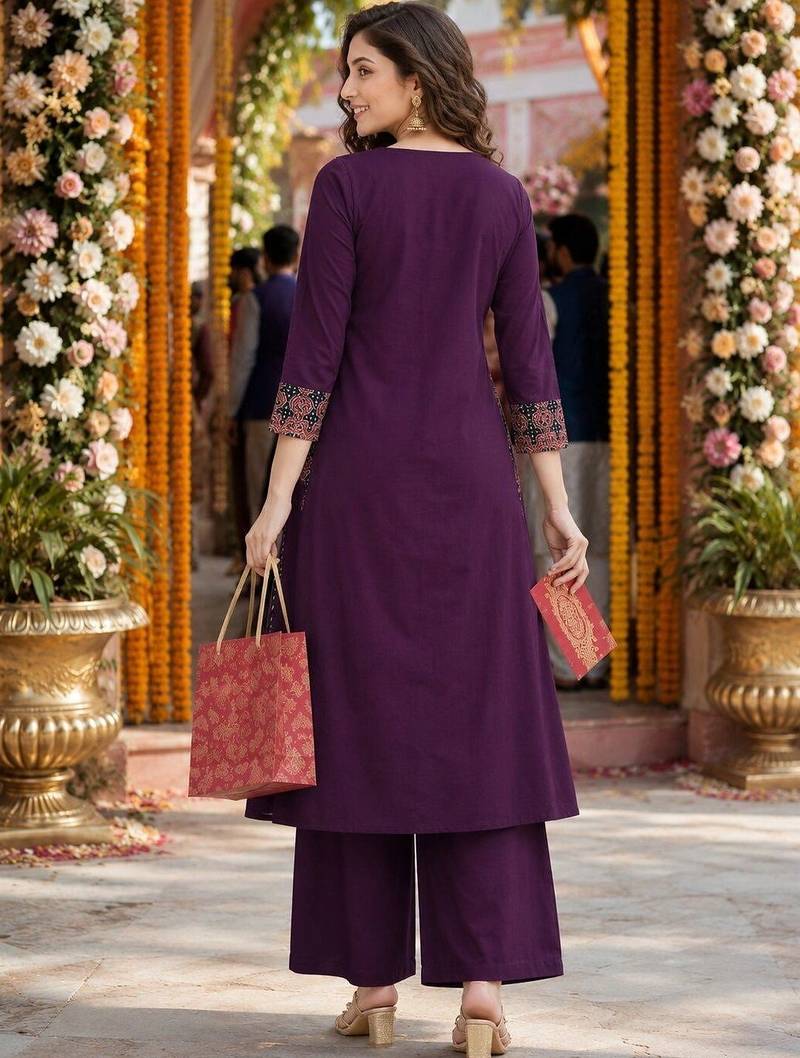 women ethnic motifs embroidered empire mirror work  cotton kurta with palazzos & with