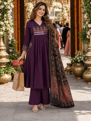 women ethnic motifs embroidered empire mirror work  cotton kurta with palazzos & with 1