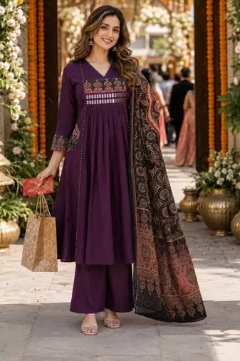 women ethnic motifs embroidered empire mirror work  cotton kurta with palazzos & with
