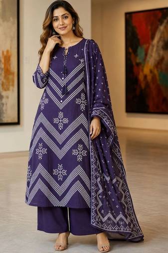 women ethnic motifs printed regular  cotton kurta with palazzos & with dupatta