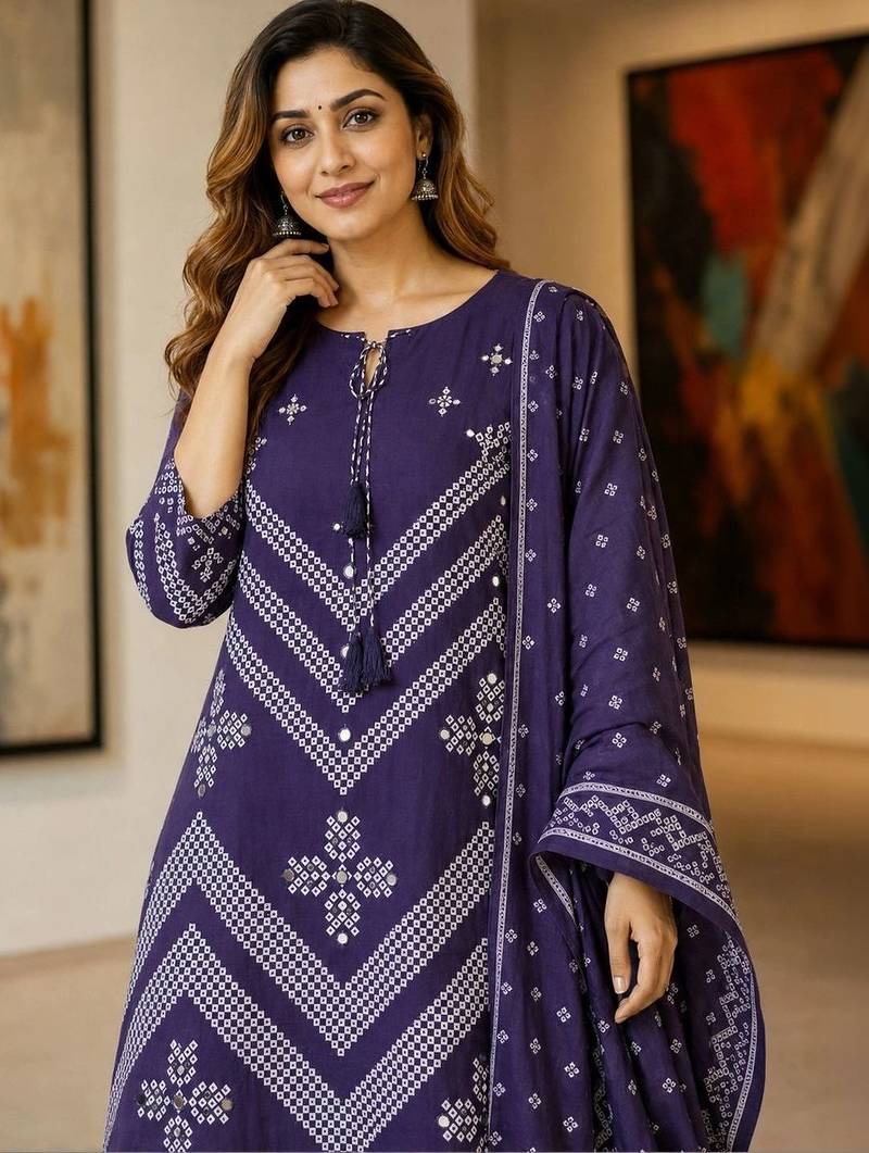women ethnic motifs printed regular  cotton kurta with palazzos & with dupatta