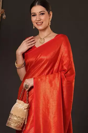 Orange woven design zari silk blend kanjeevaram saree