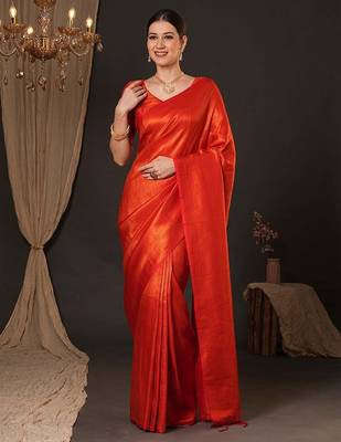 Orange woven design zari silk blend kanjeevaram saree 2
