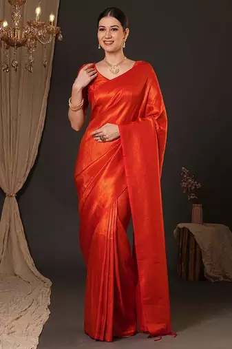Orange woven design zari silk blend kanjeevaram saree