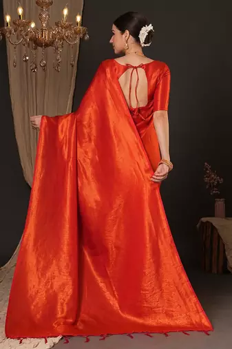 Orange woven design zari silk blend kanjeevaram saree