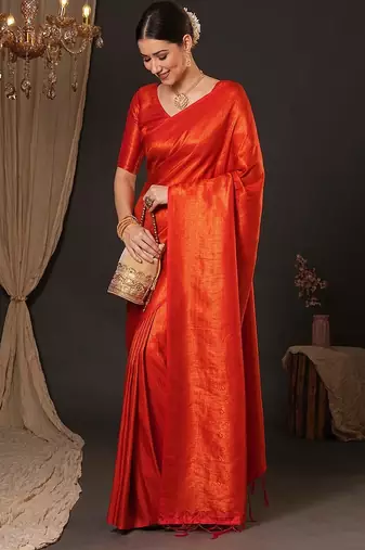 Orange woven design zari silk blend kanjeevaram saree