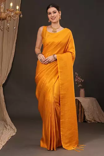 Yellow woven design zari silk blend kanjeevaram saree