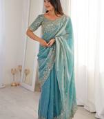 Turquoise embellished embroidered satin heavy work saree