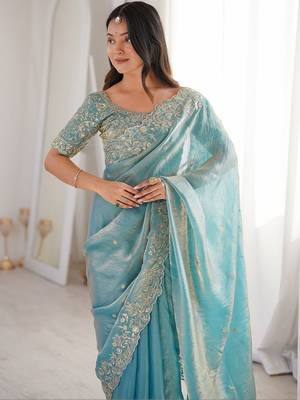 Turquoise embellished embroidered satin heavy work saree 2
