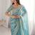 Turquoise embellished embroidered satin heavy work saree