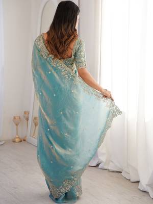 Turquoise embellished embroidered satin heavy work saree 3
