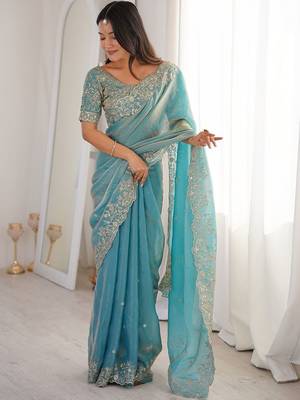 Turquoise embellished embroidered satin heavy work saree 4