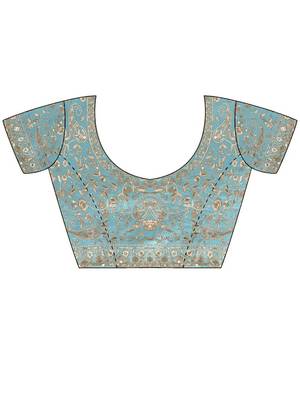 Turquoise embellished embroidered satin heavy work saree 5
