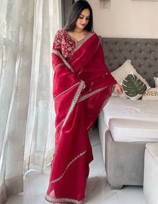 Maroon floral embroidered organza saree 1