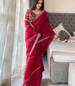 Maroon floral embroidered organza saree