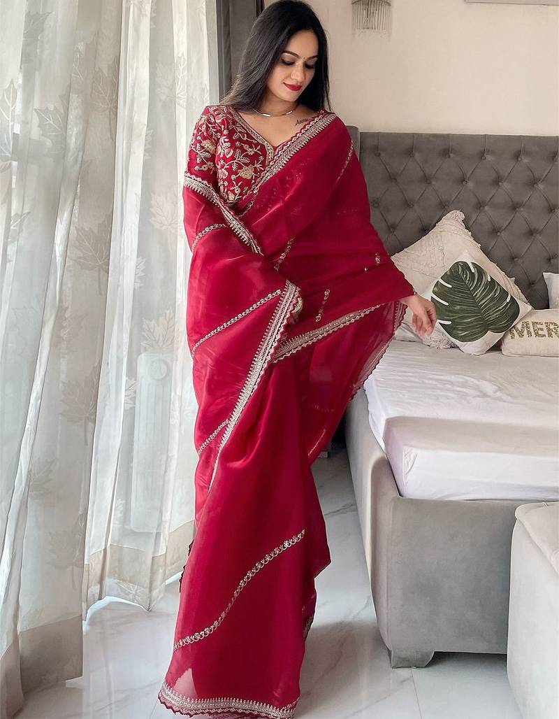 Maroon floral embroidered organza saree