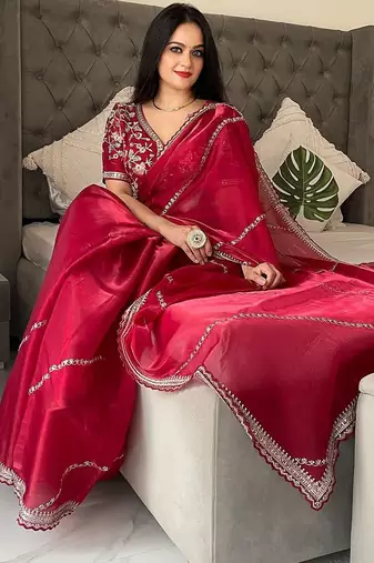 Maroon floral embroidered organza saree