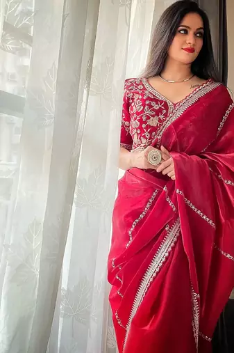 Maroon floral embroidered organza saree