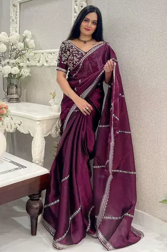 Burgundy floral embroidered organza saree