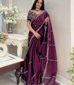 Burgundy floral embroidered organza saree