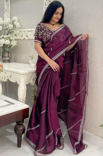 Burgundy floral embroidered organza saree