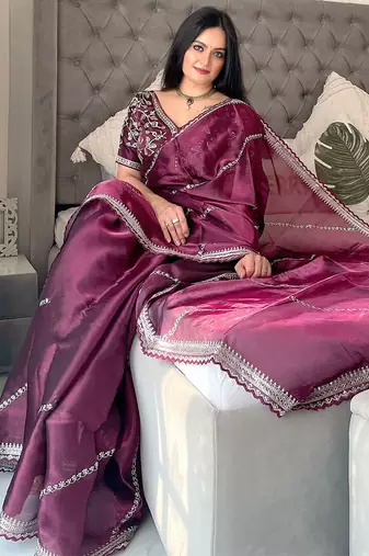 Burgundy floral embroidered organza saree