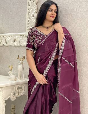 Burgundy floral embroidered organza saree 4
