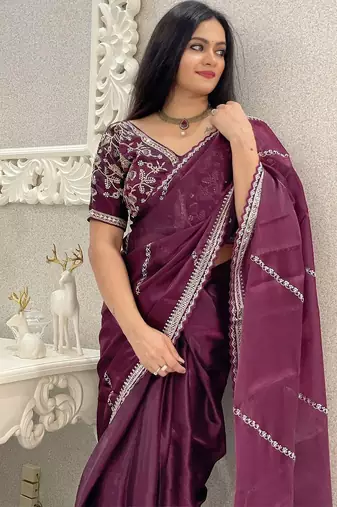 Burgundy floral embroidered organza saree