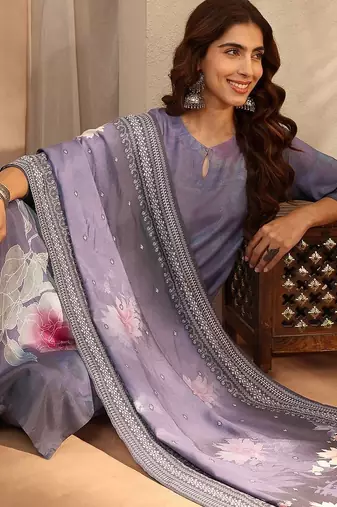 floral printed keyhole neck straight kurta with trousers & dupatta