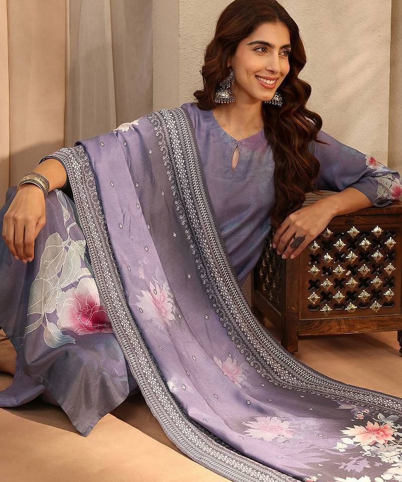 floral printed keyhole neck straight kurta with trousers & dupatta