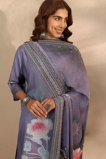 floral printed keyhole neck straight kurta with trousers & dupatta
