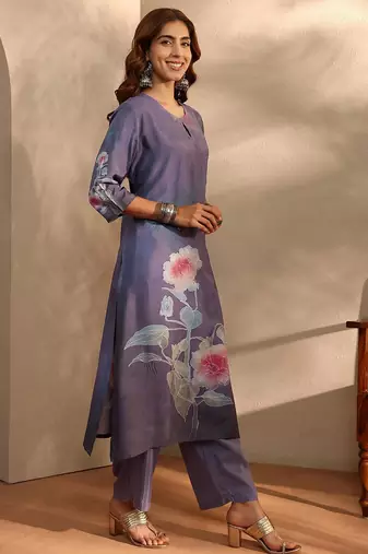 floral printed keyhole neck straight kurta with trousers & dupatta
