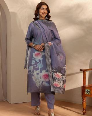 floral printed keyhole neck straight kurta with trousers & dupatta 1