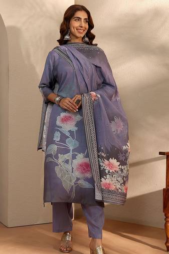 floral printed keyhole neck straight kurta with trousers & dupatta