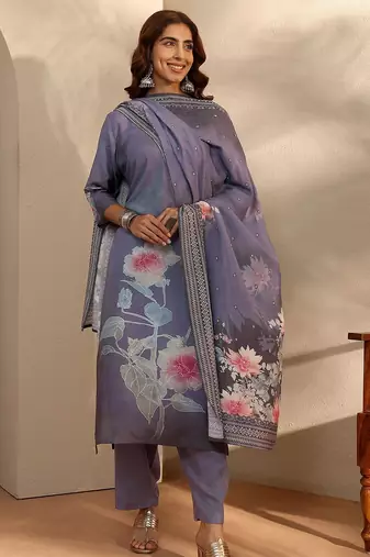 floral printed keyhole neck straight kurta with trousers & dupatta
