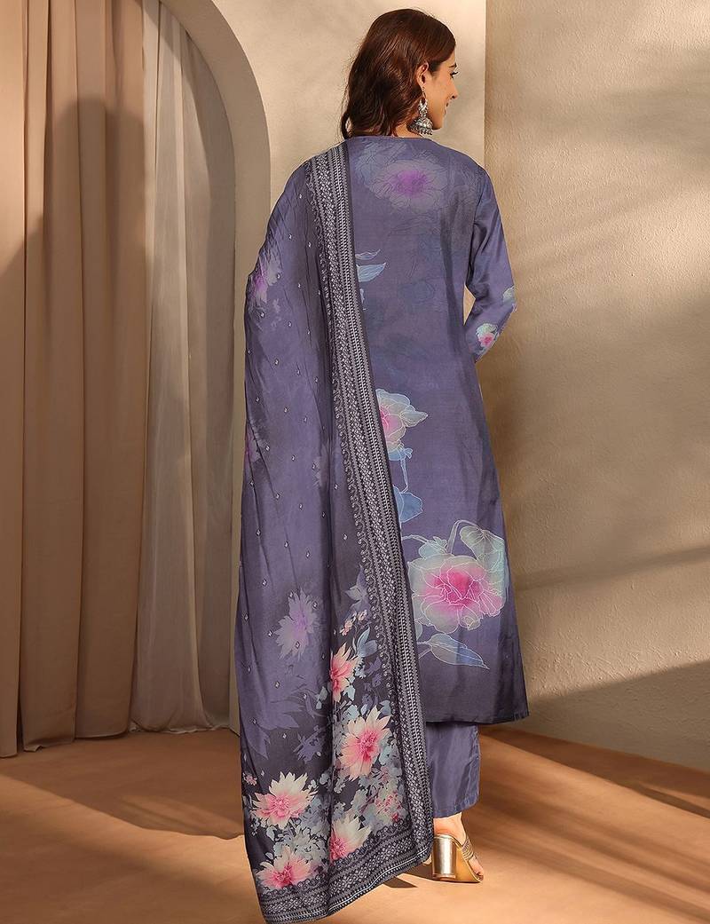 floral printed keyhole neck straight kurta with trousers & dupatta