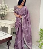 Purple purple striped embroidered organza saree
