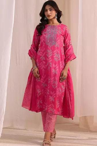 women ethnic motifs printed regular kurta with trousers & with dupatta