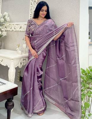 Purple purple striped embroidered organza saree 2