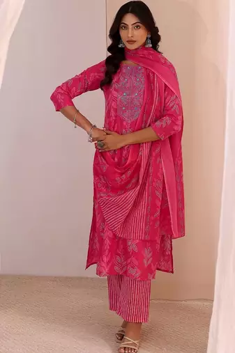 women ethnic motifs printed regular kurta with trousers & with dupatta